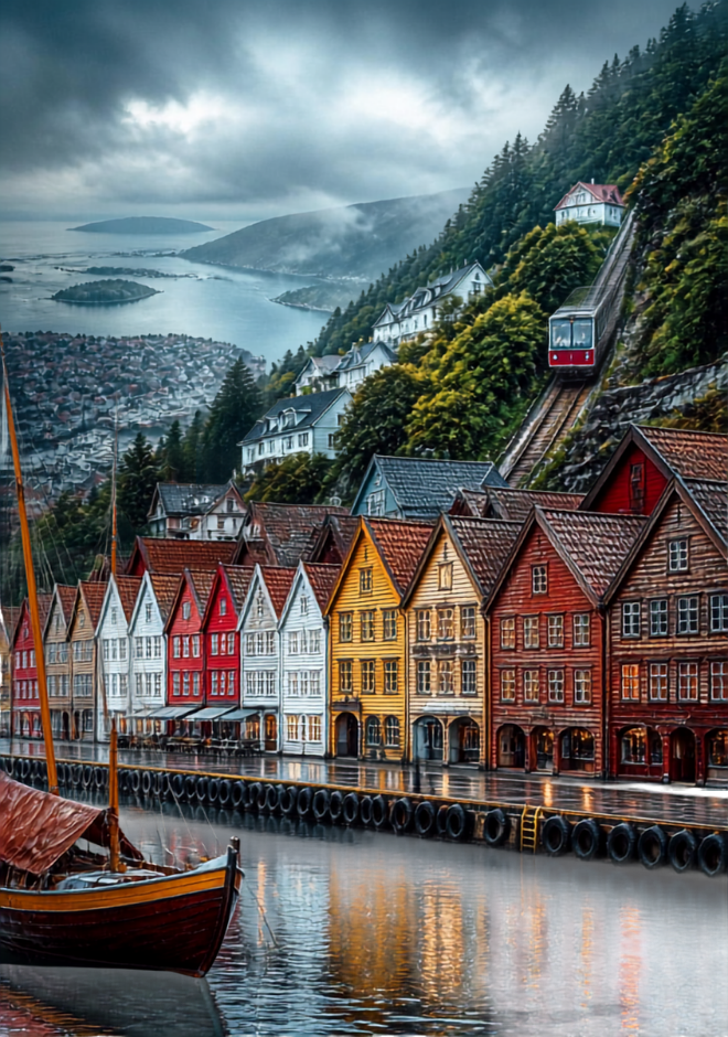 Bergen waterfront lined with crooked, medieval wooden merchant houses dating back to the Hanseatic League