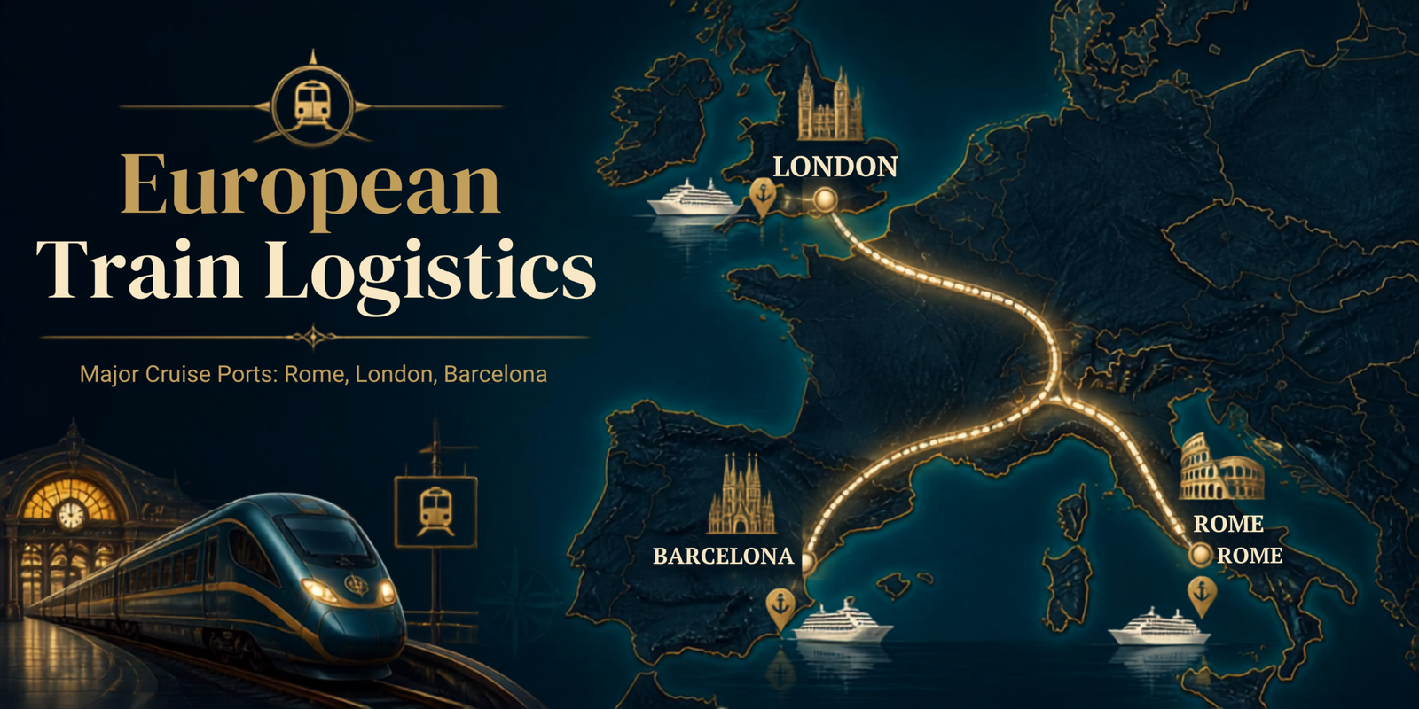 European Train Logistics with Major Cruise Ports (Rome, London, and Barcelona)
