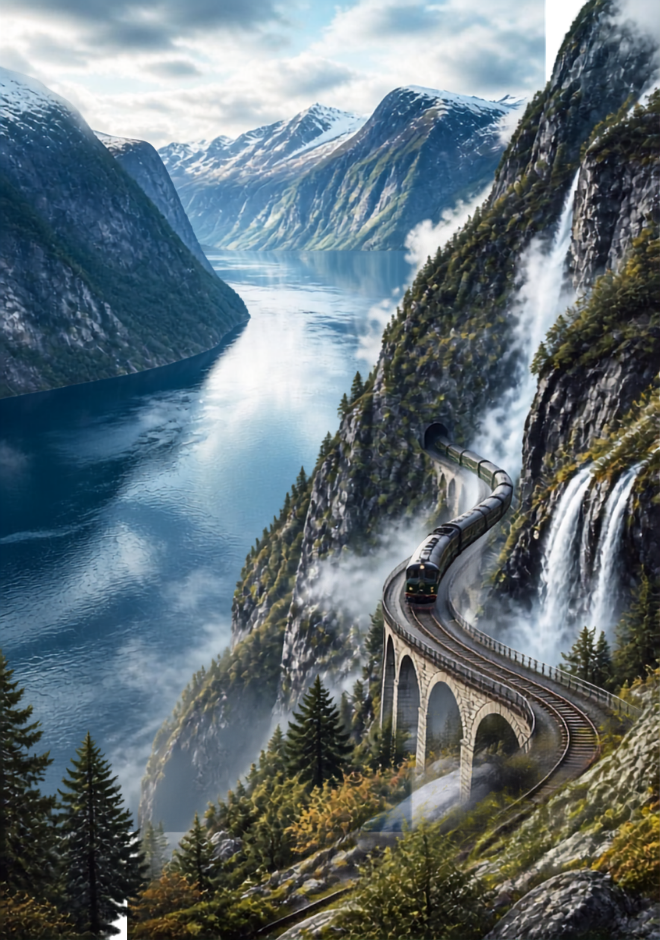 Flåm & Aurlandsfjord an engineering marvel that climbs 2,800 feet up a sheer mountain canyon along one of the steepest standard-gauge train tracks on Earth.