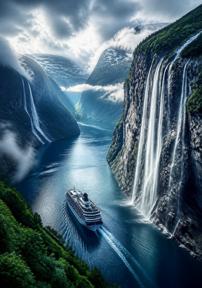 Geirangerfjord ou will pass directly underneath the famous Seven Sisters and The Suitor—dramatic waterfalls that thunder straight down the vertical cliffs into the fjord below
